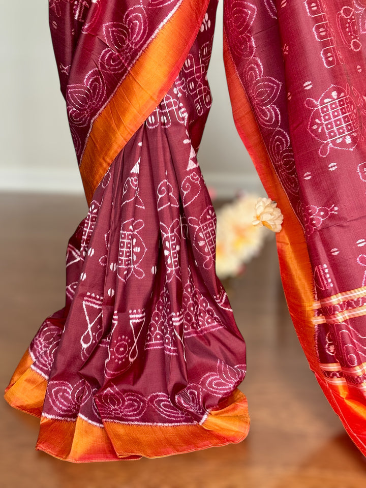 Maroon with orange yellow color handwoven Chita patterned ikat pure silk saree|Odisha Weaves|Contemporary Ikat