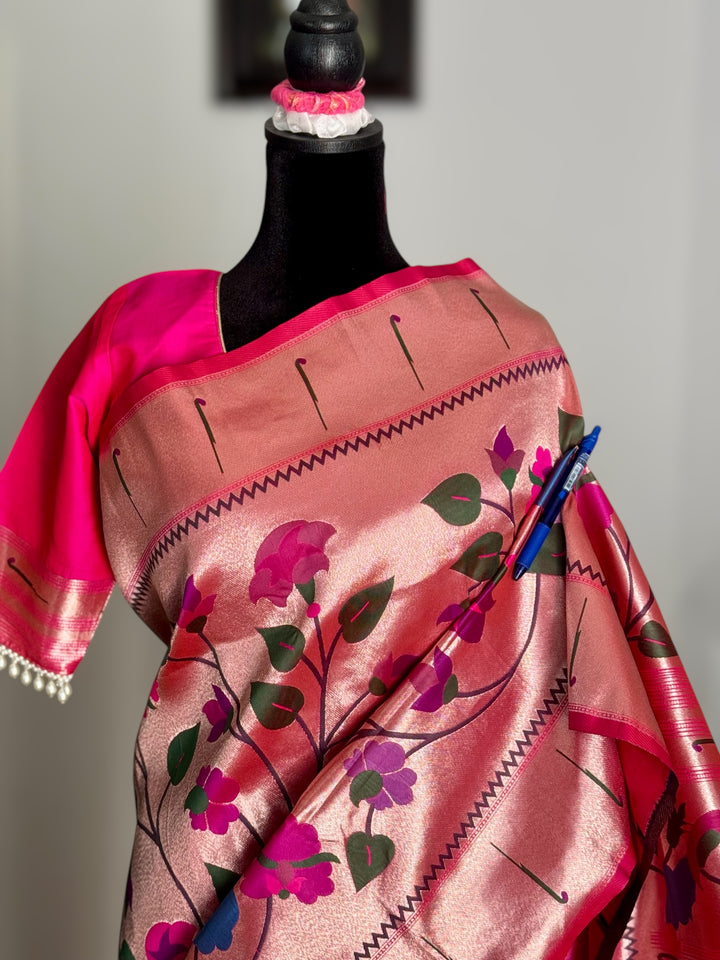 Pink color paithani inspired brocade saree with stitched blouse| Value Vogue