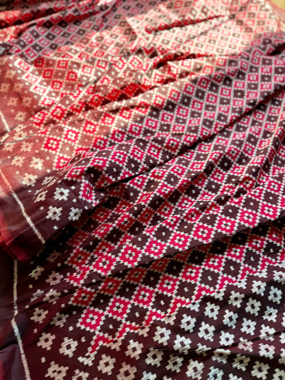 Maroon handwoven ikat pure silk saree with pasapali design|Odisha Weaves|Contemporary Ikat|Antara