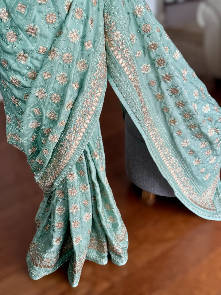 Sage Green Color gota and embroidery work designer satin crep silk saree|Party Wear Saree|PPS