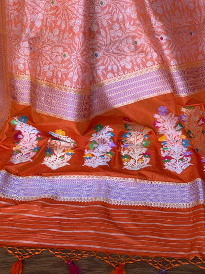 Orange Banarasi handwoven brocade pure silk with Tanchoi meenakari kadhuwa weave saree