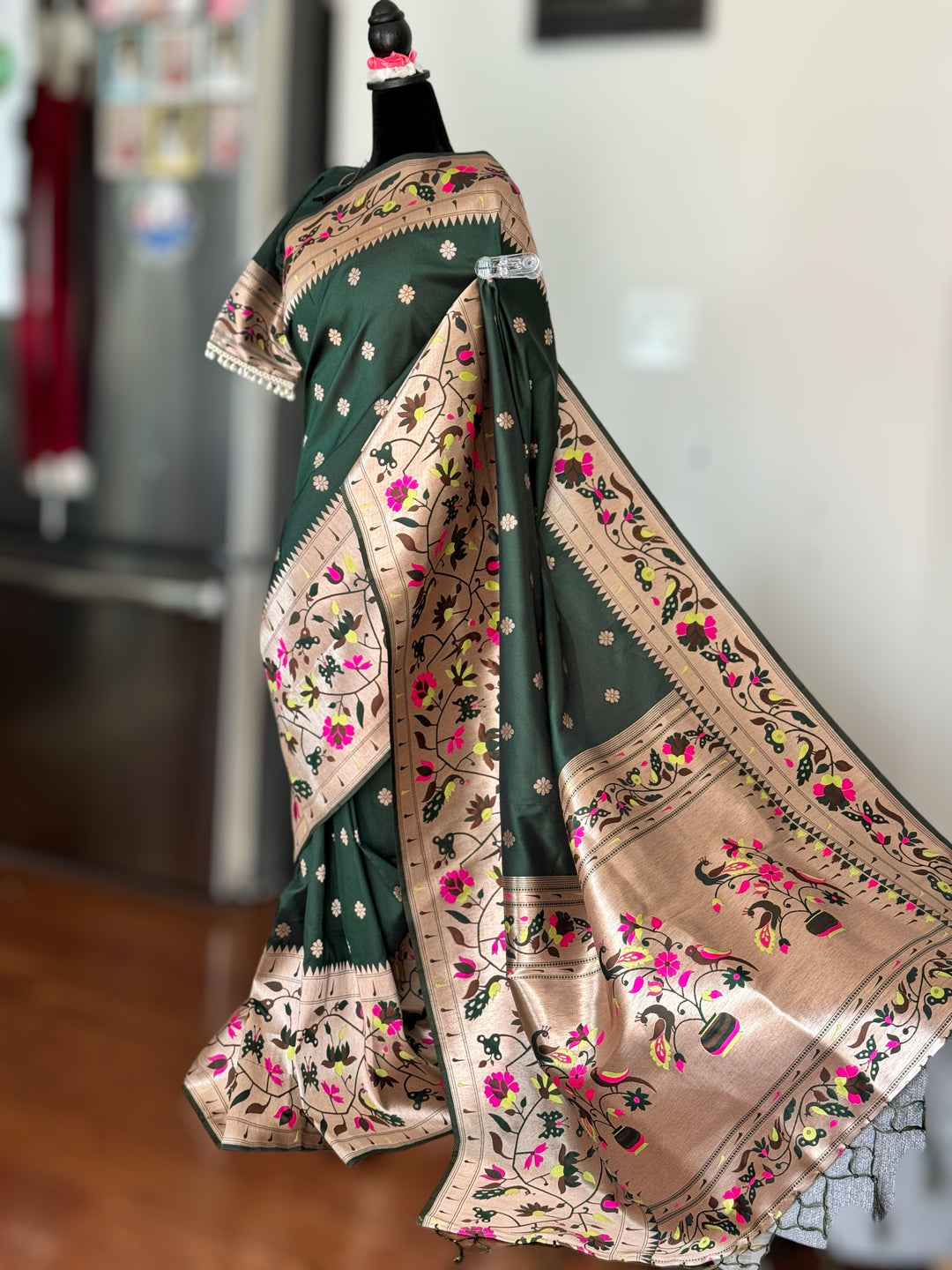 Paithani inspired weaved artificial silk saree with stitched blouse in bottle green color| Value Vogue