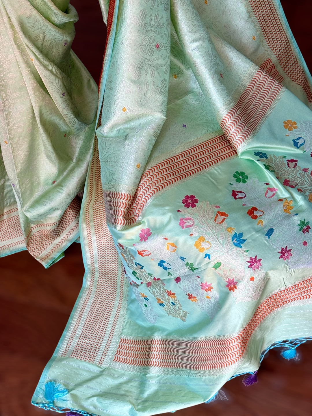 Mint Green Banarasi handloom brocade weaved pure silk saree with Tanchoi meenakari kadhuwa weave saree