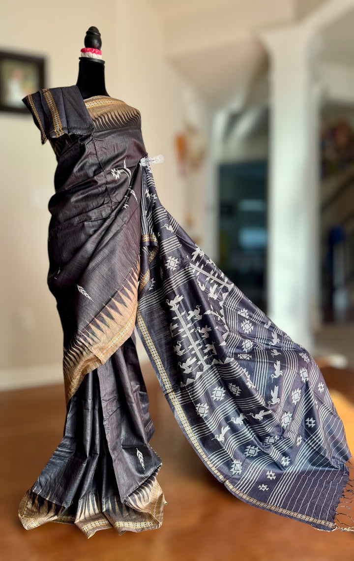 Ganjam Bomkai inspired handwoven pure Tussar silk saree in Black color