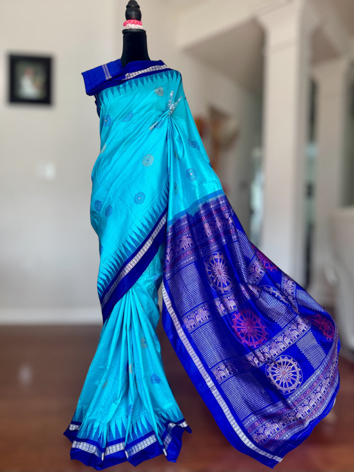 Konark theme Handwoven Bomkai Pure Silk Saree – Turquoise Blue with Royal Blue Pallu from Odisha Weaves