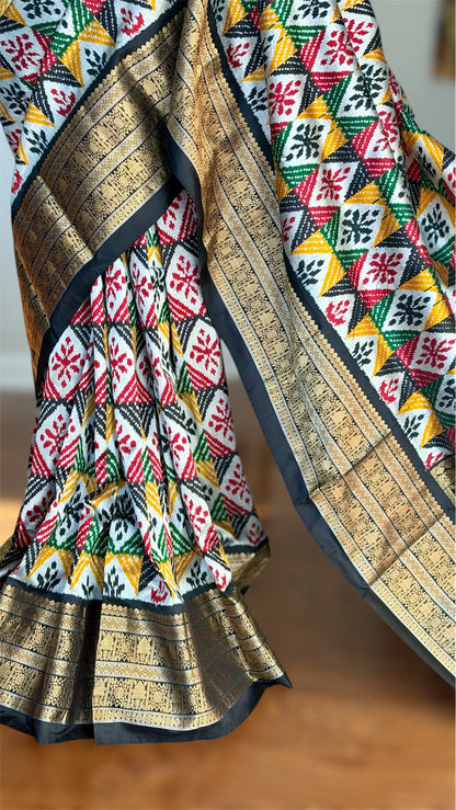 Kanjivaram Ikat Pure Silk Saree with Geometric Motifs(Pochampally)Fusion Silk Saree Unstitched Blouse