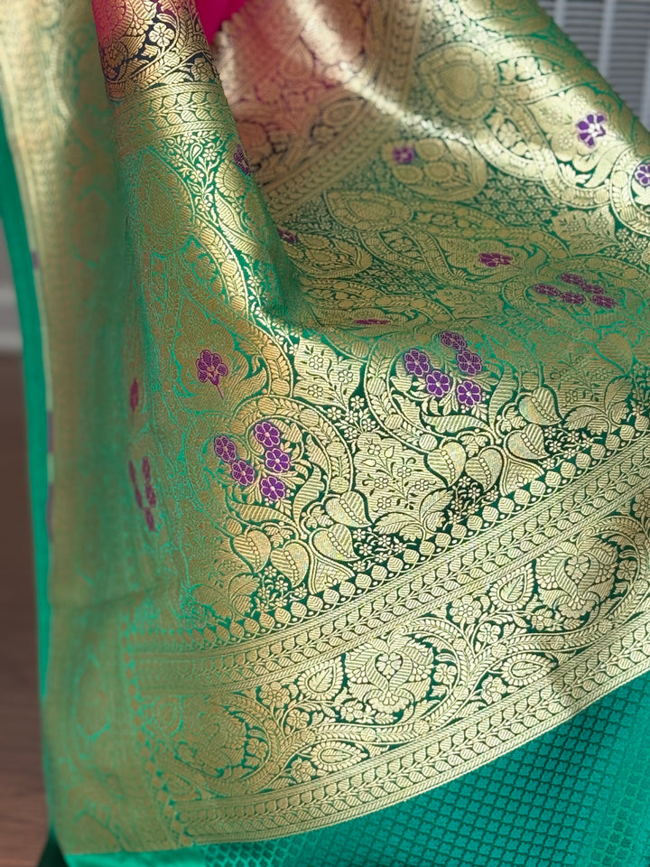 Pink Handloom Banarasi Silk Saree With Stitched Blouse
