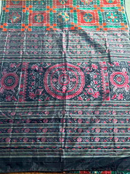 Handwoven Utkal Laxmi Sambalpuri ikat pure silk saree, orange pasapali in body|Odisha Weaves