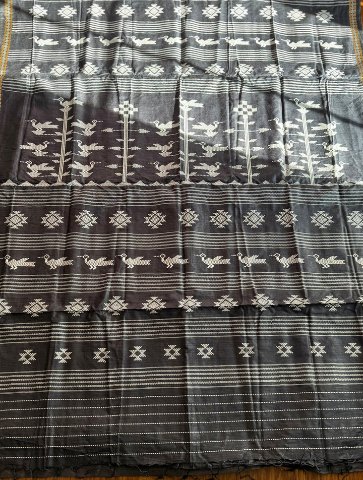 Ganjam Bomkai inspired handwoven pure Tussar silk saree in Black color