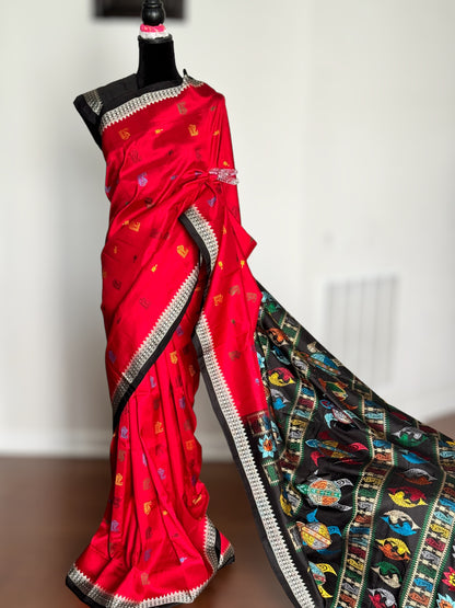 Red color Bomkai Pure Silk Saree with gorgeous turtle motif pallu