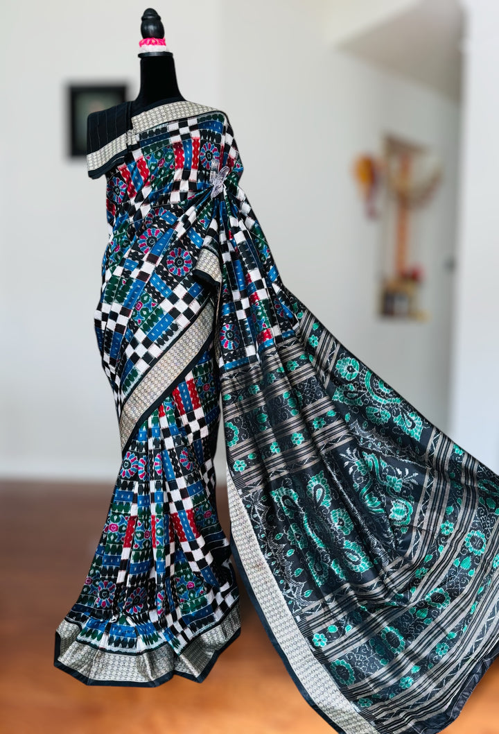 Handwoven Utkal Laxmi Sambalpuri ikat pure silk saree, Green Ikat pallu|Odisha Weaves|