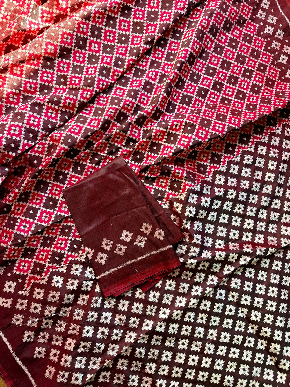 Maroon handwoven ikat pure silk saree with pasapali design|Odisha Weaves|Contemporary Ikat|Antara