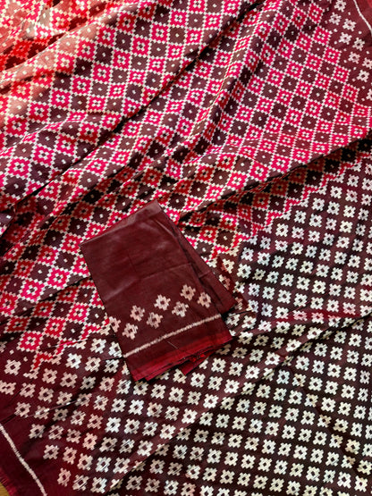 Maroon handwoven ikat pure silk saree with pasapali design|Odisha Weaves|Contemporary Ikat|Antara