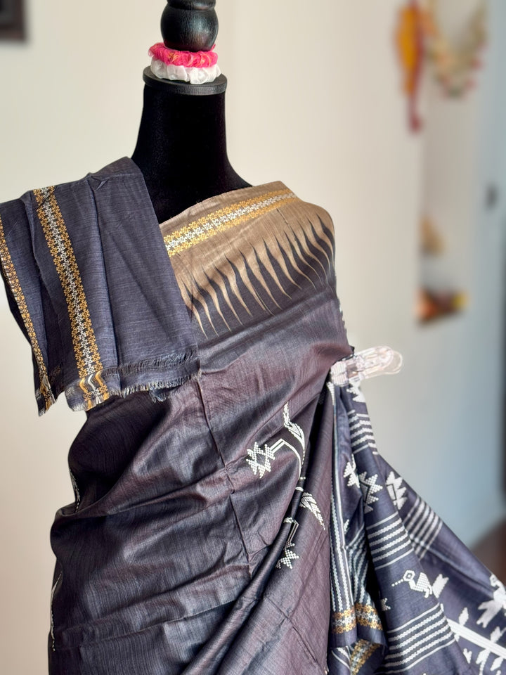 Ganjam Bomkai inspired handwoven pure Tussar silk saree in Black color