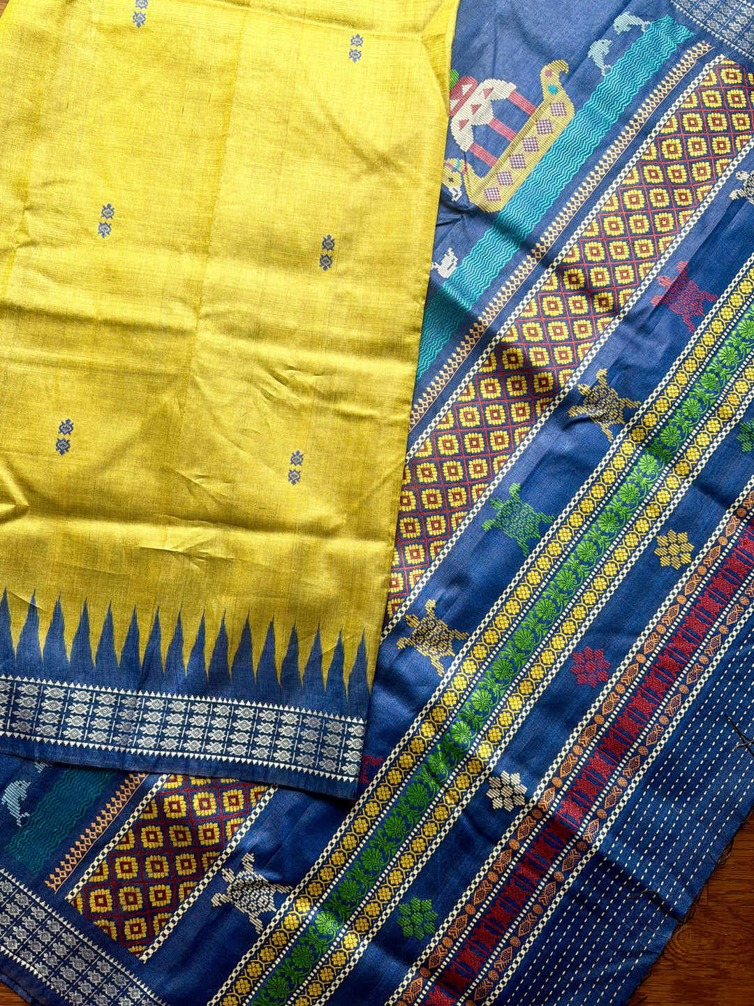 Boita theme handwoven pure Tussar silk saree in greenish yellow and blue color