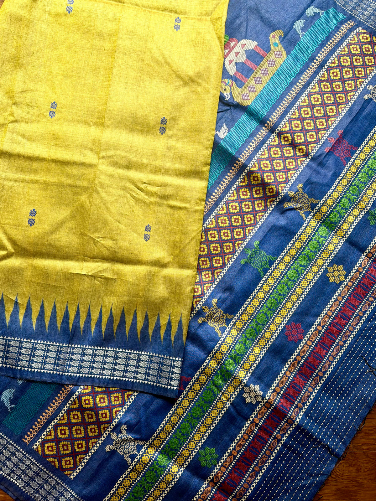 Boita theme handwoven pure Tussar silk saree in greenish yellow and blue color