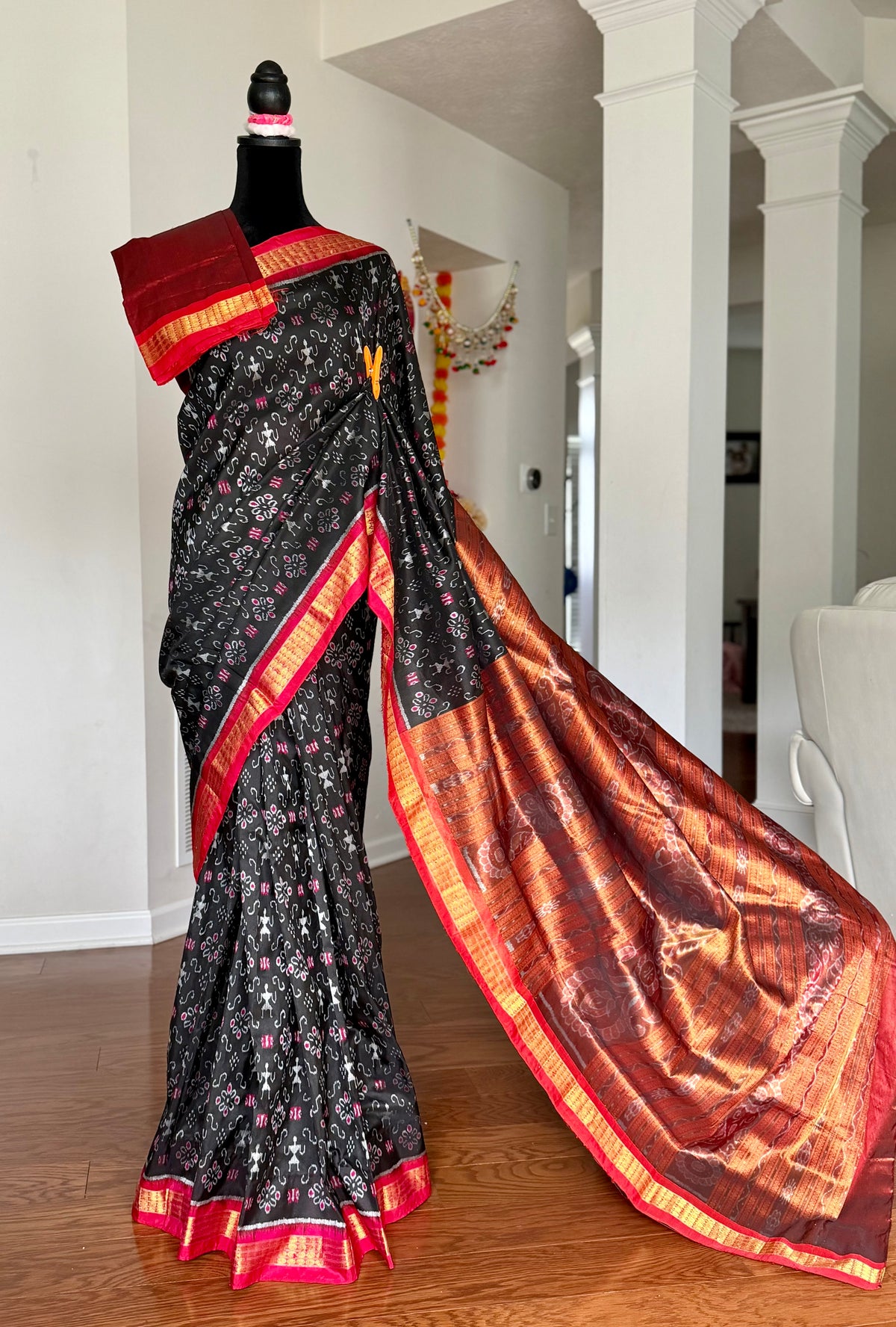 Black and rust red handwoven Sambalpuri pure Ikkat silk saree with tissue border and pallu | Odisha Weaves