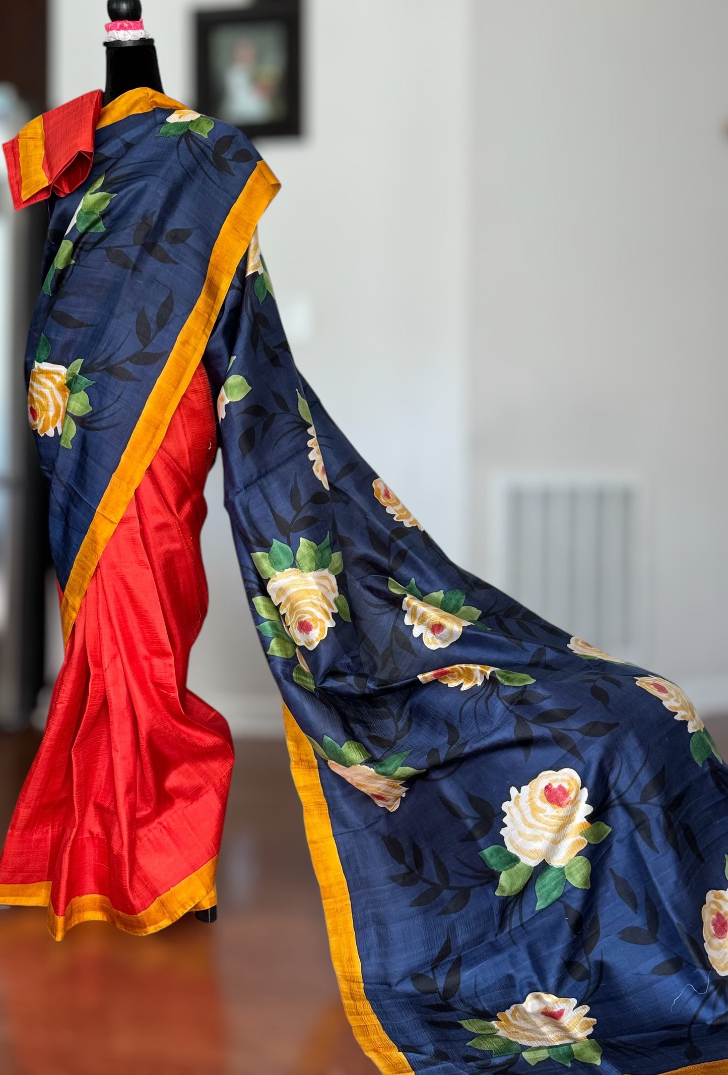 Orange with blue combination half saree concept Light weight bishnupuri hand painted pure silk saree|Value Vogue