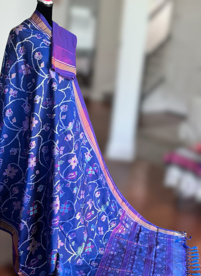 Blue with purple color semi (double) ikat patan Patola pure silk saree