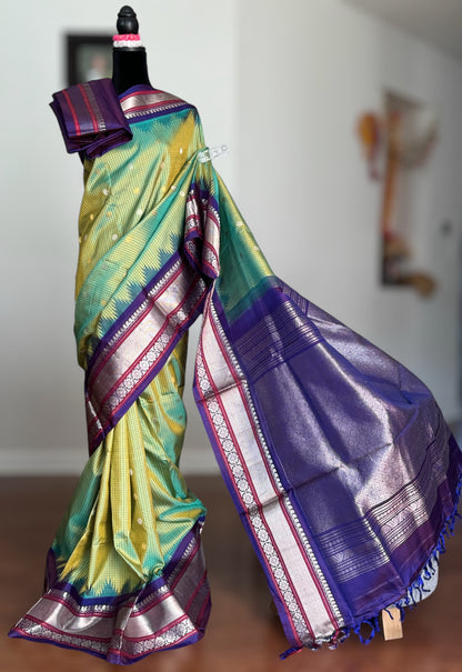 Light Green vintage Checks Gadwal Pure Silk Saree with zari buttas and contrast Indigo border
