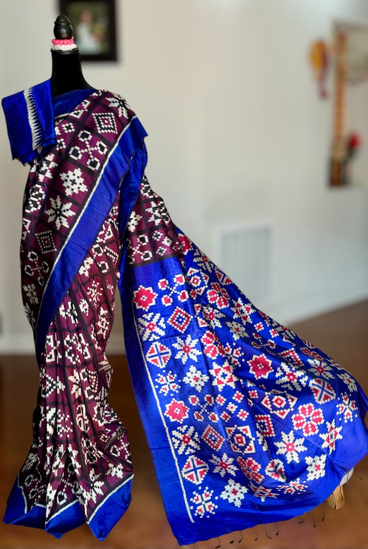 Purple with Blue combination Telia inspired Contemporary ikat pure silk saree