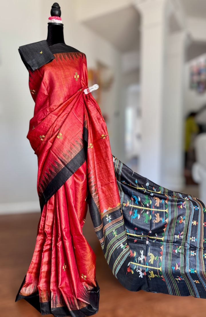 Orangish red Gopalpur Handwoven Tussar Saree with Ganjam Bomkai Pallu - Traditional Indian Saree|Odisha weaves