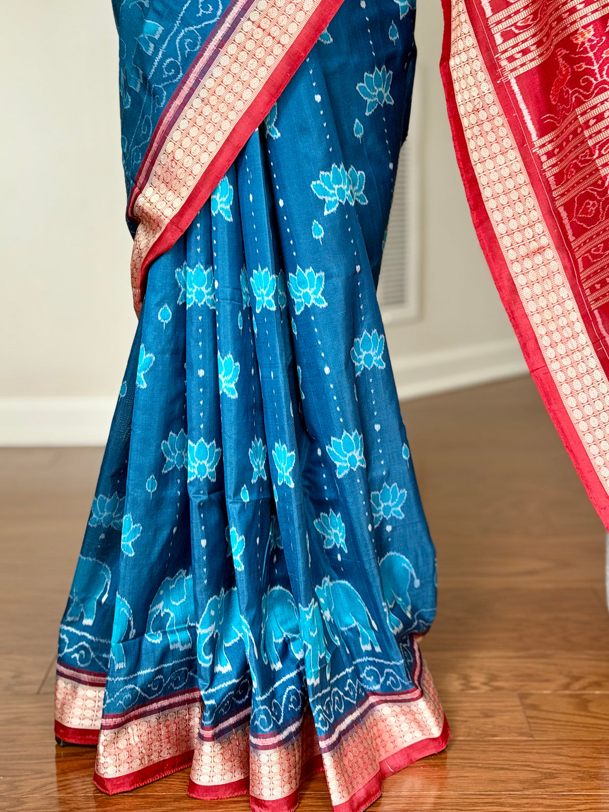Teal blue and maroon handwoven Sambalpuri thousand motif pure Ikkat silk saree | Odisha Weaves