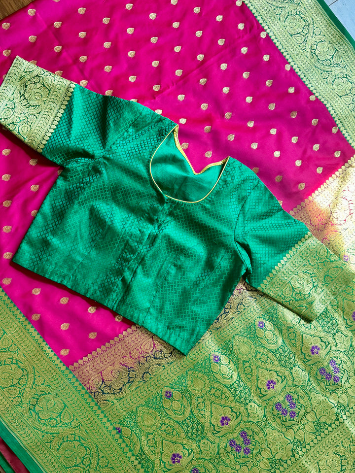 Pink Handloom Banarasi Silk Saree With Stitched Blouse