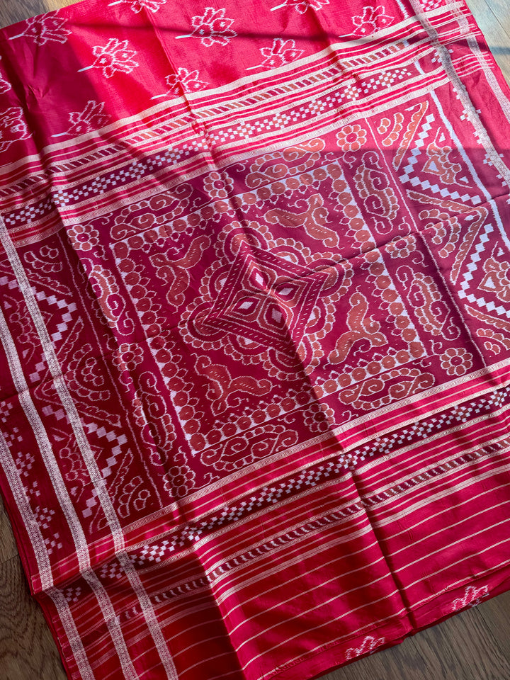 Red color Elegant khandua ikat pure silk saree with Elephant lotus motifs in body and pasapalli border |Odisha Weaves