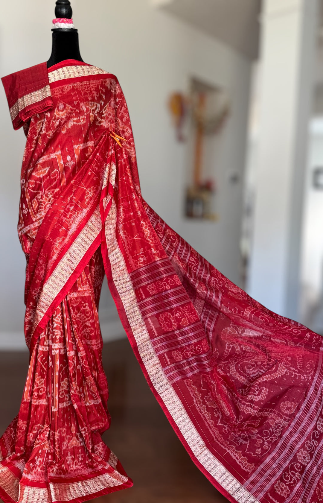 Dark Coral Red handwoven Sambalpuri Ikat Silk saree |Odisha Weaves