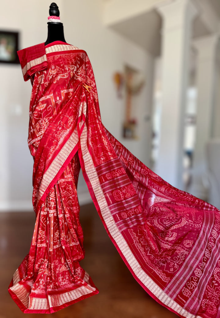 Dark Coral Red handwoven Sambalpuri Ikat Silk saree |Odisha Weaves