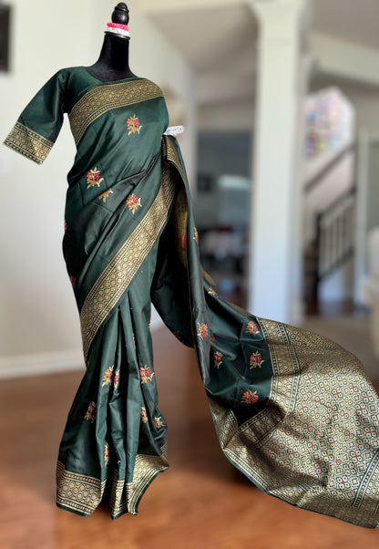 Elegant Dark green designer weaved and textured saree with stitched blouse| Value Vogue