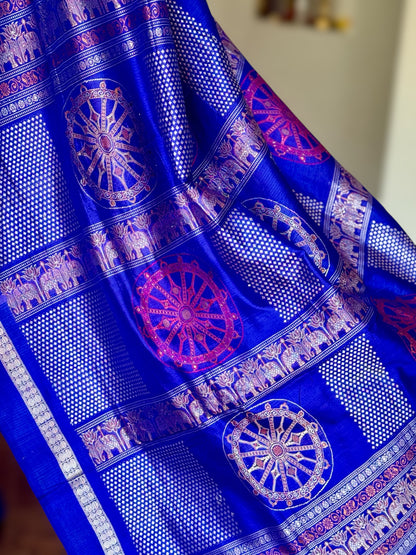 Konark theme Handwoven Bomkai Pure Silk Saree – Turquoise Blue with Royal Blue Pallu from Odisha Weaves