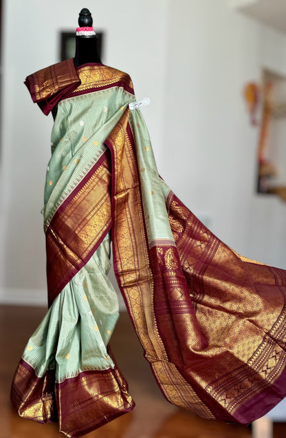 Light Sage Green vintage Checks Gadwal Pure Silk Saree with zari buttas and contrast Maroon border