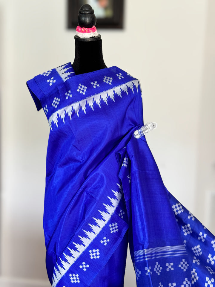 Royal Blue color Contemporary Ikat pure mulberry silk saree with pasapali pallu