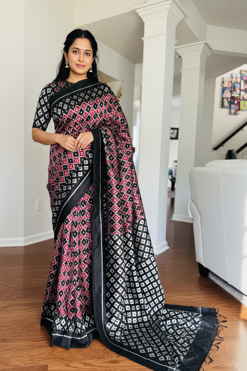 Black with red handwoven ikat pure silk saree|Odisha Weaves|Contemporary Ikat|Antara