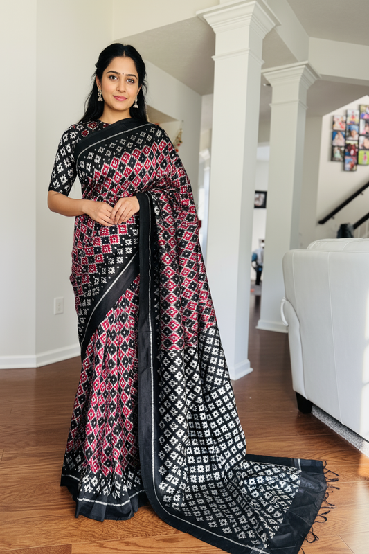 Black with red handwoven ikat pure silk saree|Odisha Weaves|Contemporary Ikat|Antara