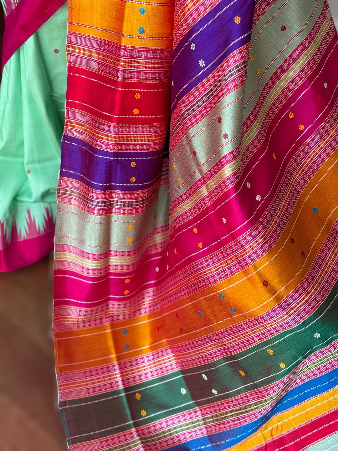 Aqua color Berhampuri Pure Silk Saree with Colorful double pallu