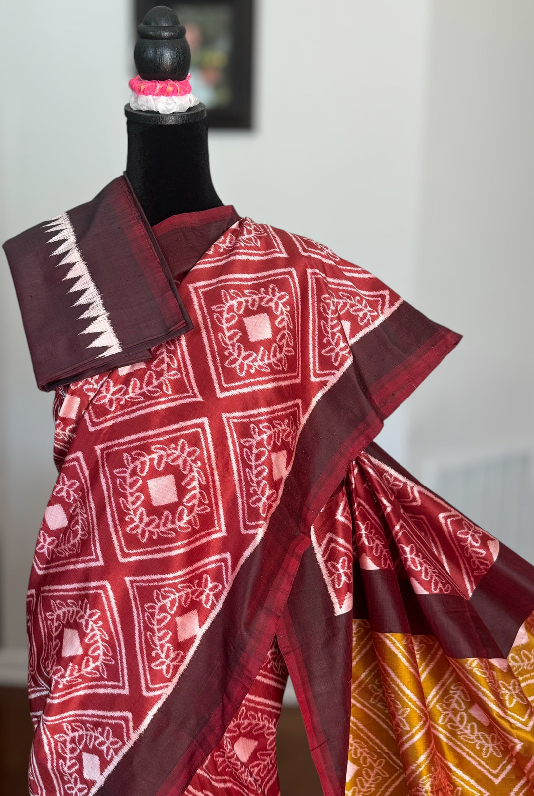 High quality contemporary Ikat Pure silk saree in light rust red