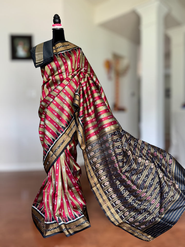Maroon Beige Chandrika in striped body Contemporary Ikat Pure Silk Saree|Odisha Weaves|Mishrita