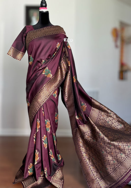 Plum color designer weaved and textured saree with stitched blouse| Value Vogue