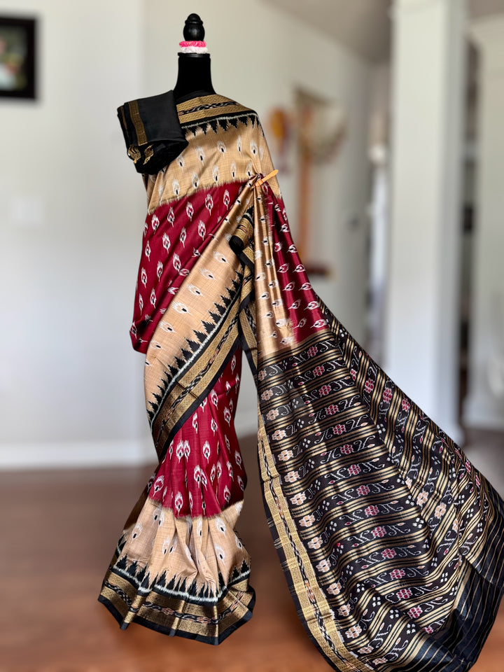 Maroon Beige Chandrika body Contemporary Ikat Pure Silk Saree|Odisha Weaves|Mishrita