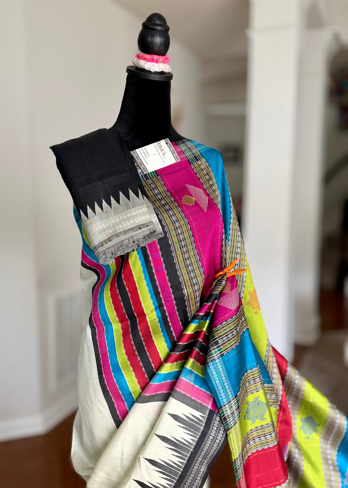 Off-white color traditional weaving Berhampuri colorful double pallu Pure Silk Saree