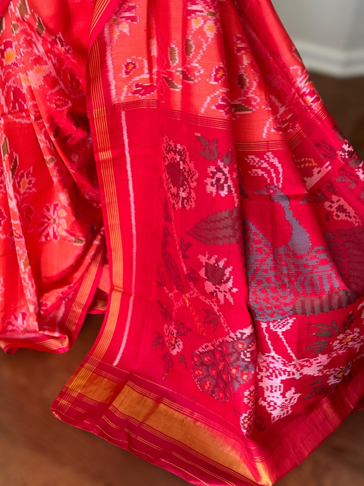 Peach color semi (double) ikat patan Patola pure silk saree