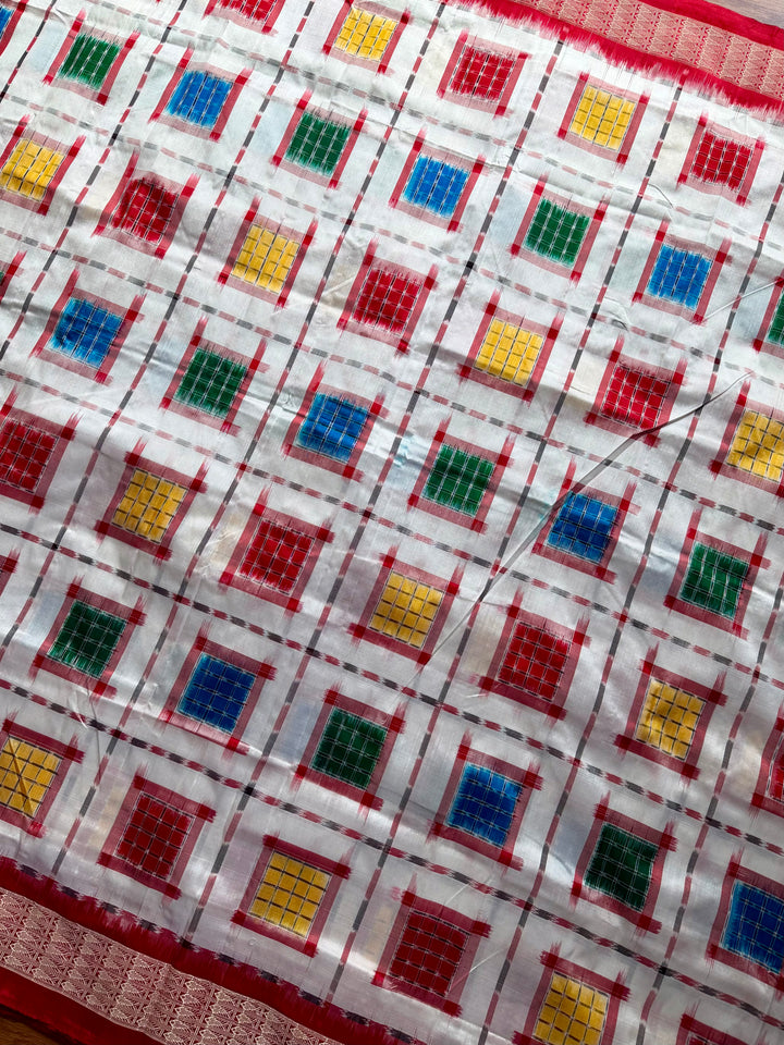 Handwoven White Aswini Sambalpuri Double ikat pure silk saree|Odisha Weaves|