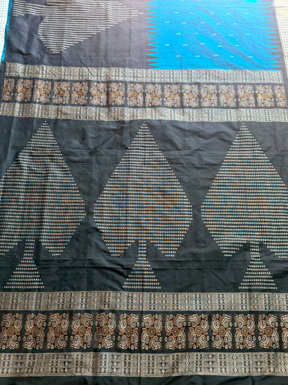 Beautiful Black and blue Handwoven Bomkai Pure Silk Saree –  from Odisha Weaves