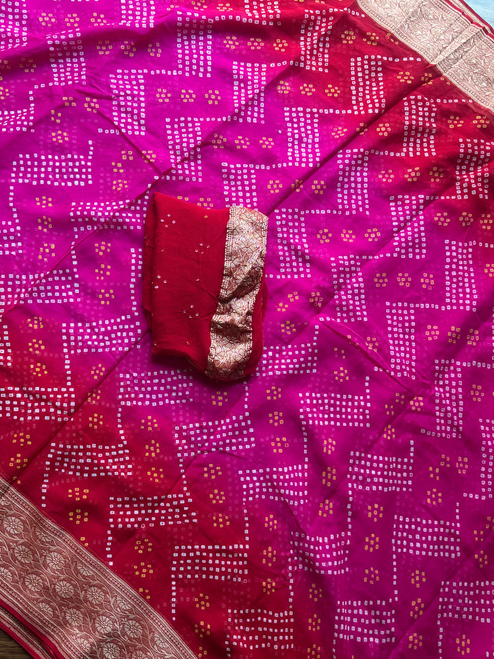 Pink with Red pure khaddi chiffon georgette rai bandhini saree