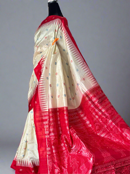 Sambalpuri ikat beige color with red pure silk saree from Odisha weaves