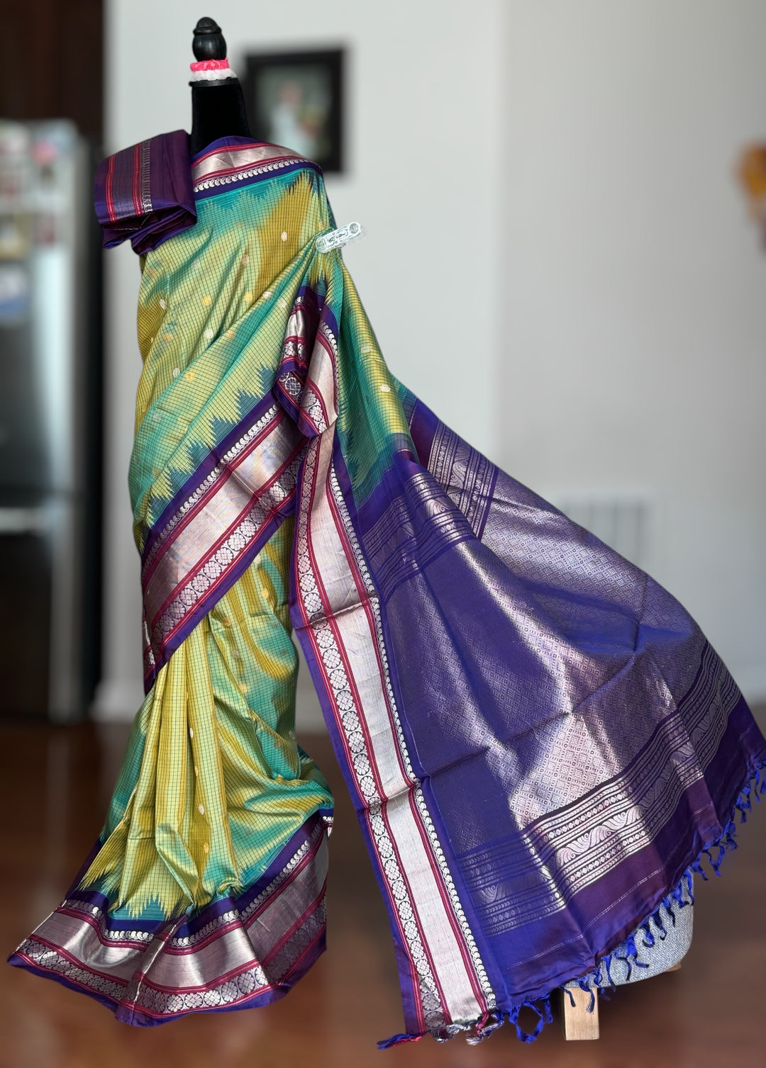 Light Green vintage Checks Gadwal Pure Silk Saree with zari buttas and contrast Indigo border