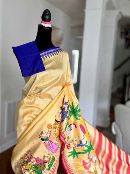 Warm pale yellow Odia Vivaha Pattachitra Berhampuri Pure Silk Saree – Ganga Jamuna Border